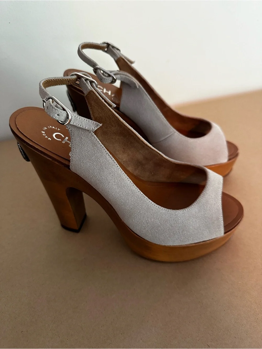 CHANEL Beige Nubuck Open-Toe Slingback Heels